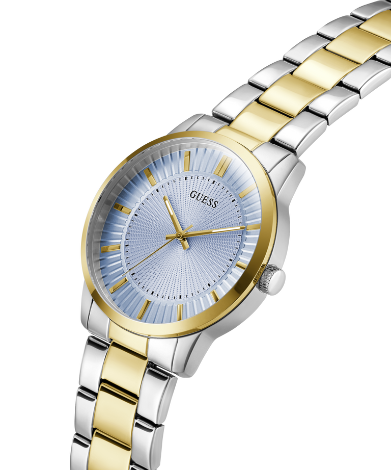 Two-tone silver and gold watch with a blue face on a transparent background lifestyle
