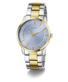 Two-tone silver and gold watch with blue face on a white background