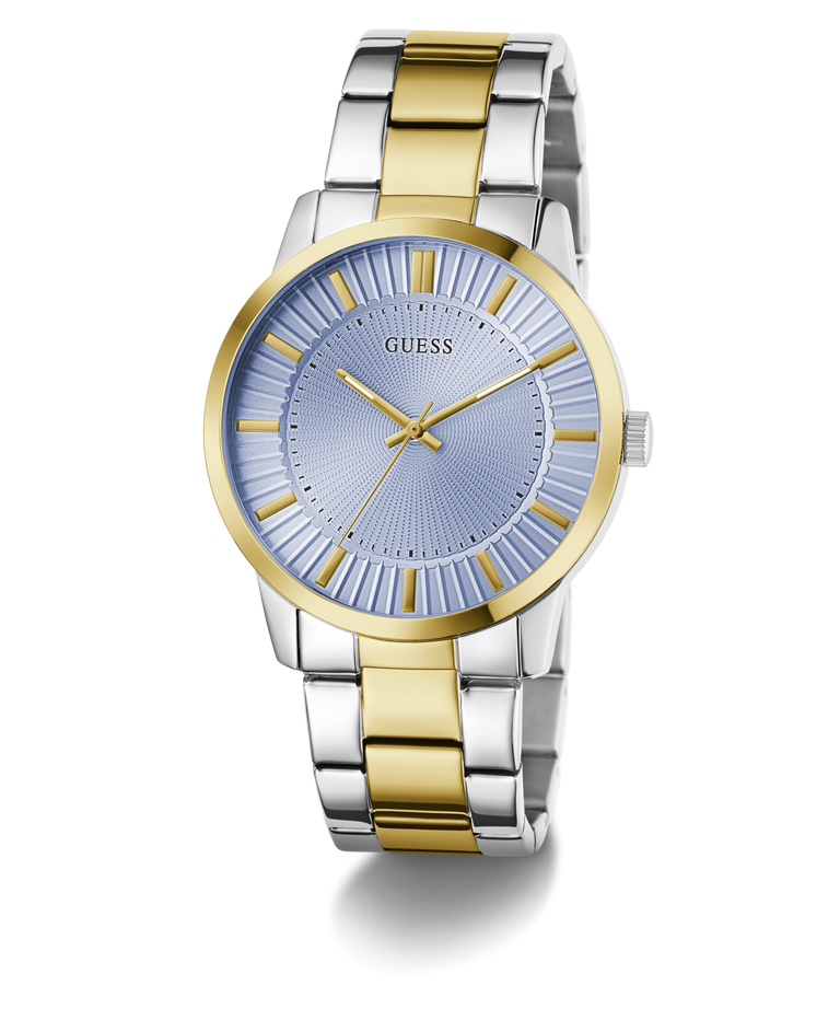Two-tone silver and gold watch with blue face on a white background