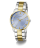 Two-tone silver and gold watch with blue face on a white background