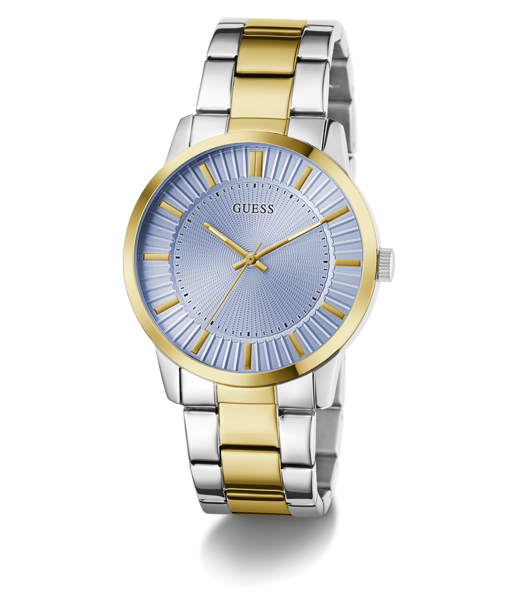 Two-tone silver and gold watch with blue face on a white background
