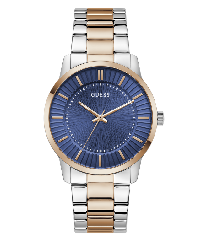 Two-tone watch with blue dial and gold accents on a white background