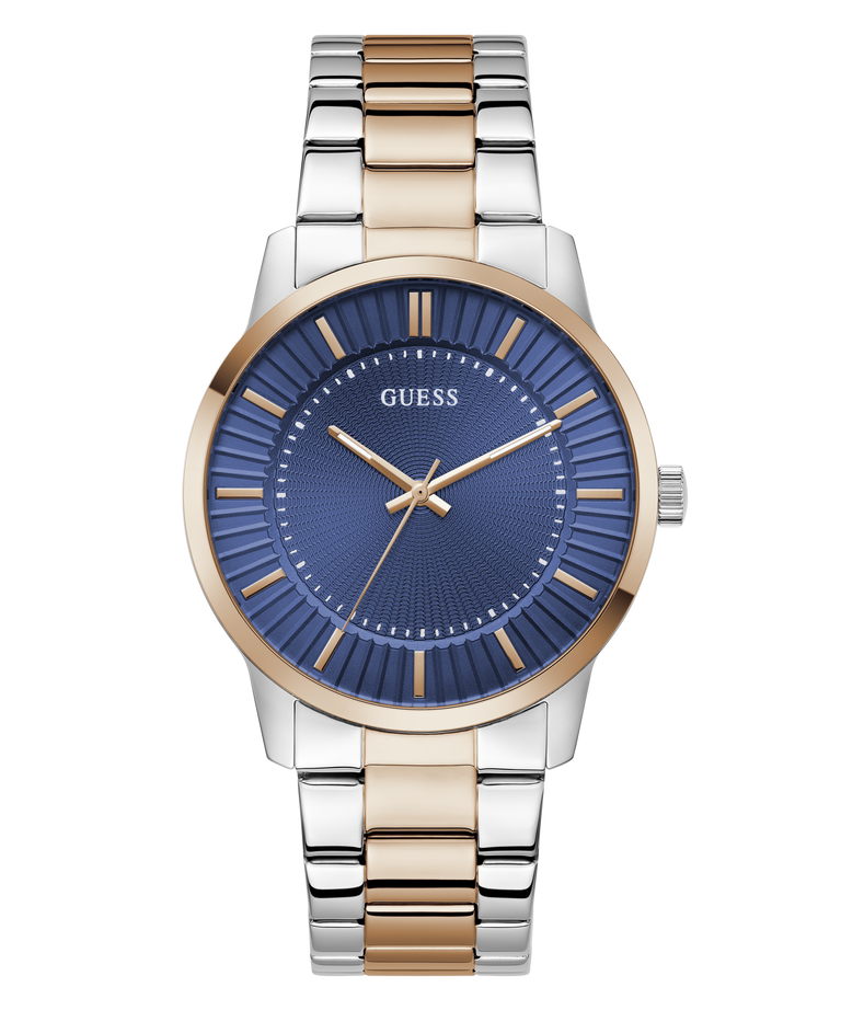 Two-tone watch with blue dial and gold accents on a white background