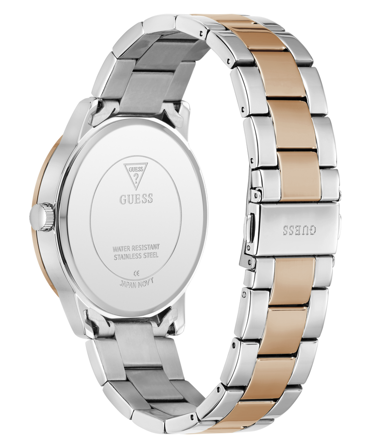 Two-tone silver and rose gold watch with visible brand logo on a white background