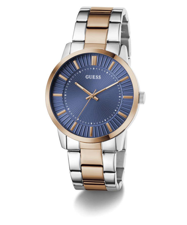 Two-tone Guess watch with blue dial on a white background