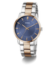 Two-tone Guess watch with blue dial on a white background