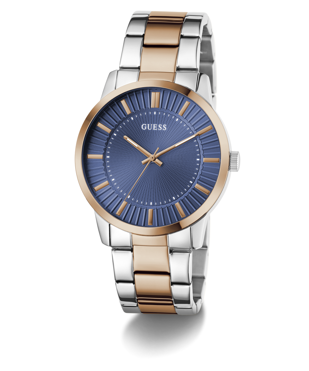 Two-tone Guess watch with blue dial on a white background