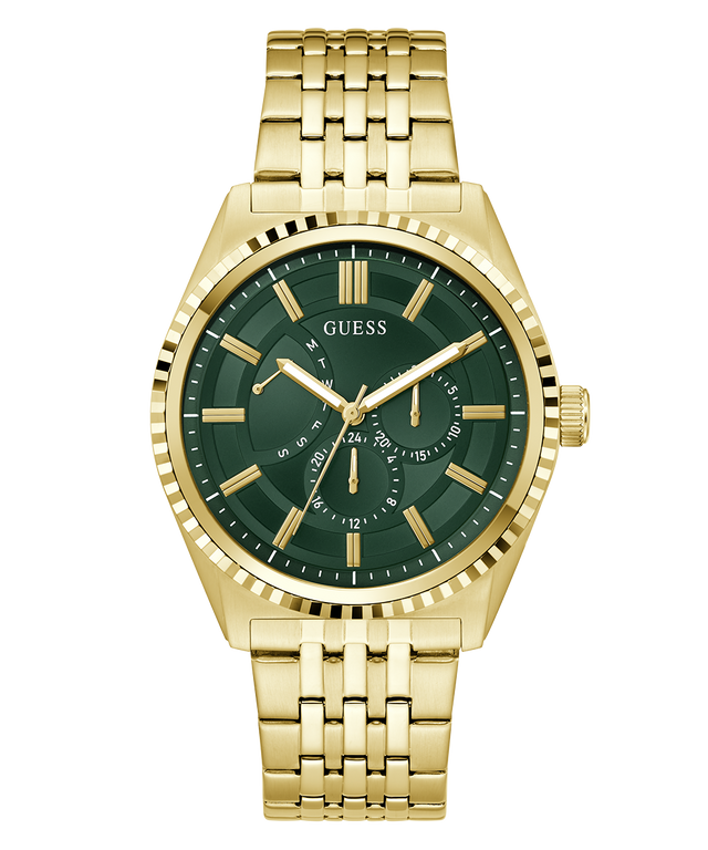 Gold GUESS Mens Gold Tone Analog Watch with green dial on a white background