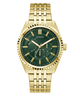 Gold GUESS Mens Gold Tone Analog Watch with green dial on a white background