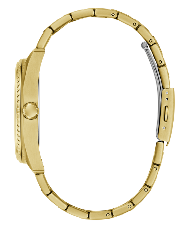 Gold GUESS Mens Gold Tone Analog Watch case on a white background