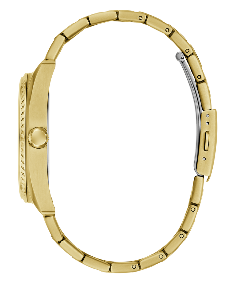 Gold GUESS Mens Gold Tone Analog Watch case on a white background