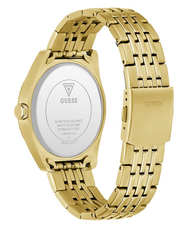 Gold GUESS Mens Gold Tone Analog Watch with a visible brand logo on a white background