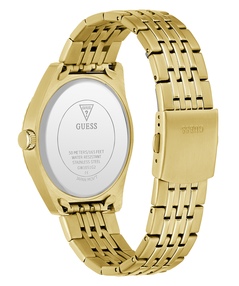 Gold GUESS Mens Gold Tone Analog Watch with a visible brand logo on a white background