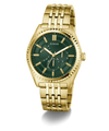 Gold GUESS Mens Gold Tone Analog Watch with a green face on a white background