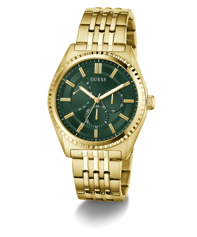 Gold GUESS Mens Gold Tone Analog Watch with a green face on a white background
