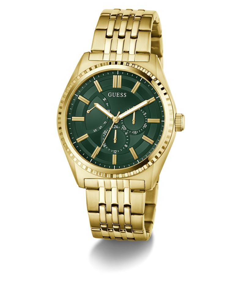 Gold GUESS Mens Gold Tone Analog Watch with a green face on a white background