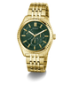 Gold GUESS Mens Gold Tone Analog Watch with a green face on a white background