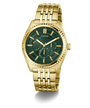 Gold GUESS Mens Gold Tone Analog Watch with a green face on a white background