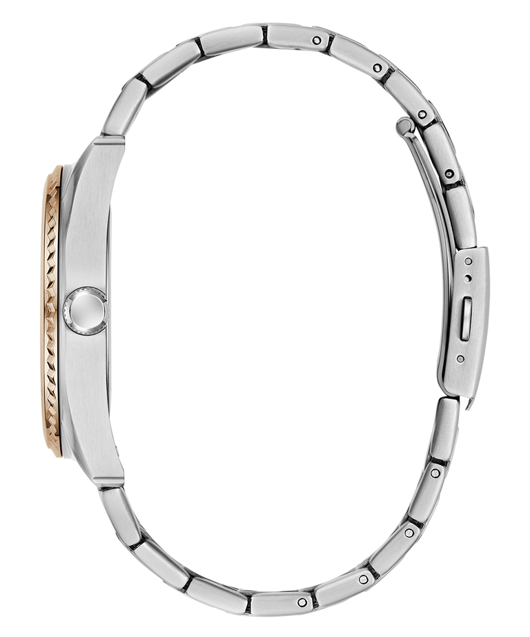 Close-up of a silver GUESS Mens 2-Tone Analog Watch band on a white background