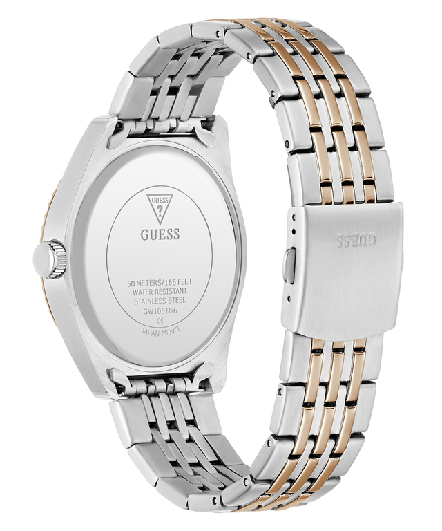 Two-tone silver and rose gold GUESS Mens 2-Tone Analog Watch with visible brand logo on a white background
