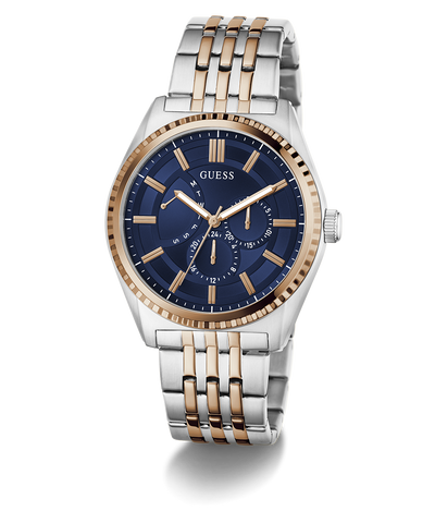Two-tone GUESS Mens 2-Tone Analog Watch with blue dial and gold accents on a white background