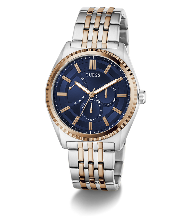 Two-tone GUESS Mens 2-Tone Analog Watch with blue dial and gold accents on a white background