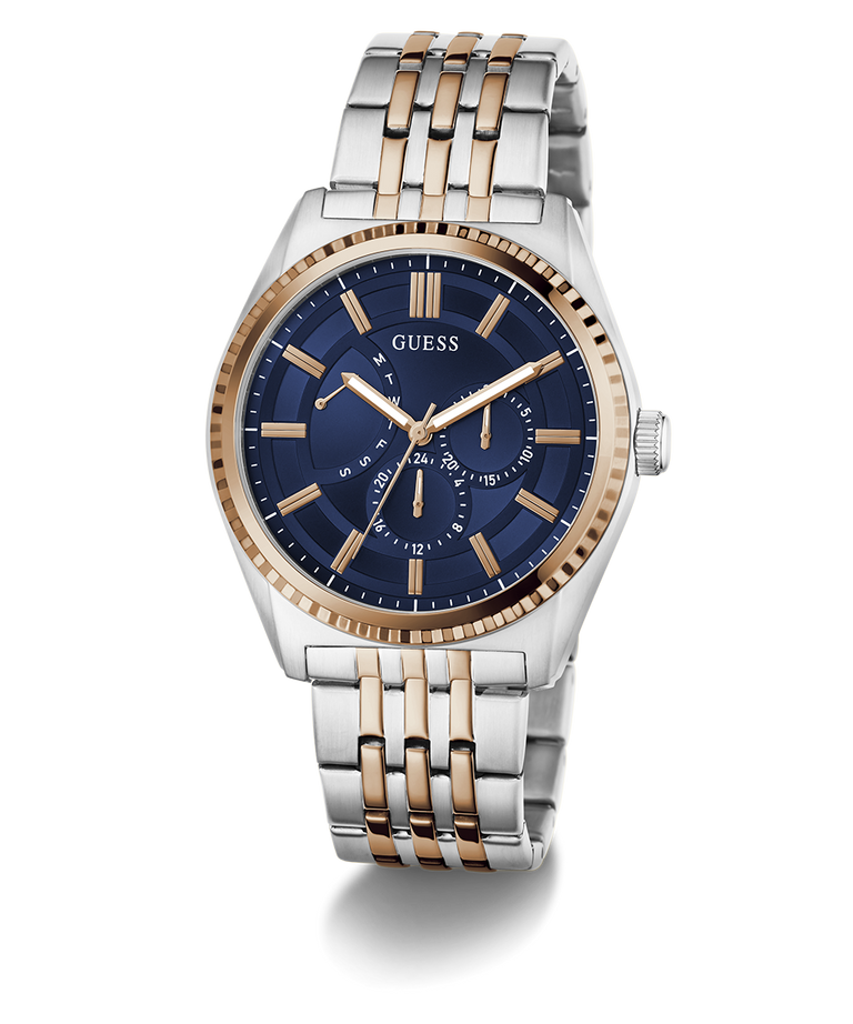 Two-tone GUESS Mens 2-Tone Analog Watch with blue dial and gold accents on a white background