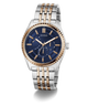Two-tone GUESS Mens 2-Tone Analog Watch with blue dial and gold accents on a white background