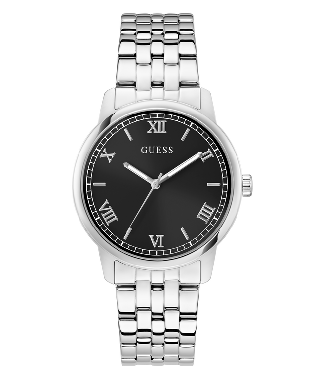 Silver watch with black dial featuring Roman numerals on a white background