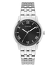 Silver watch with black dial featuring Roman numerals on a white background