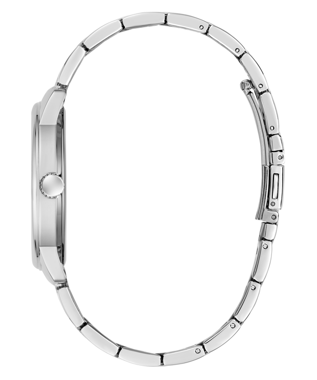 Silver watch band on a white background