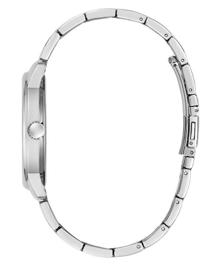 Silver watch band on a white background