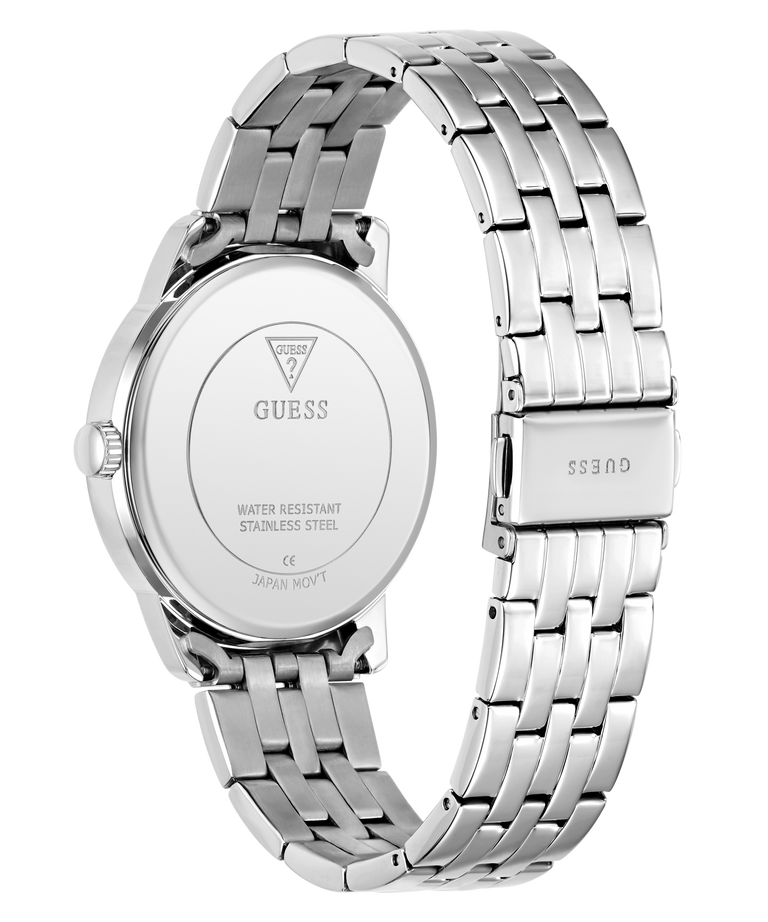 Silver Guess watch with metal band on a white background