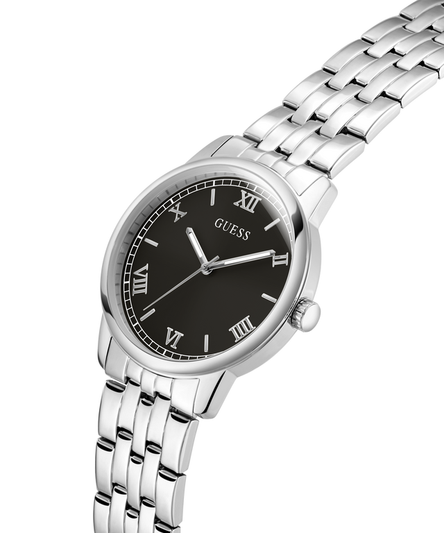 Silver watch with black dial and Roman numerals on a transparent background lifestyle