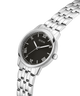 Silver watch with black dial and Roman numerals on a transparent background lifestyle