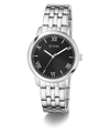 Silver watch with black dial featuring Roman numerals on a white background