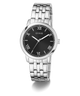 Silver watch with black dial featuring Roman numerals on a white background