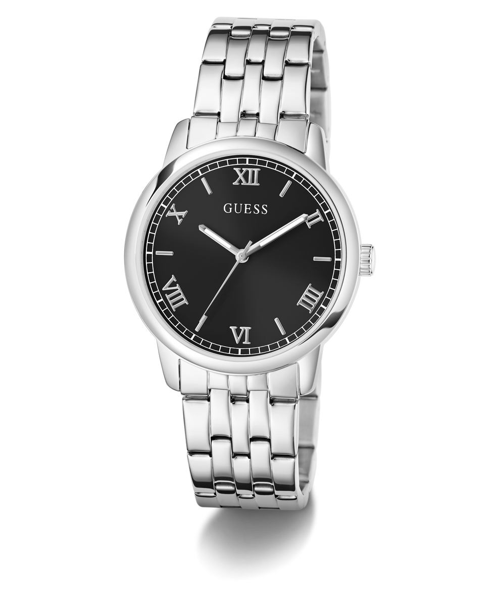Silver watch with black dial featuring Roman numerals on a white background