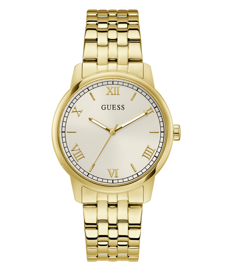 Gold watch with a white face featuring Roman numerals on a transparent background