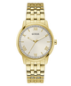 Gold watch with a white face featuring Roman numerals on a transparent background