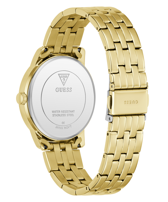 Gold watch with visible brand logo on a clear background