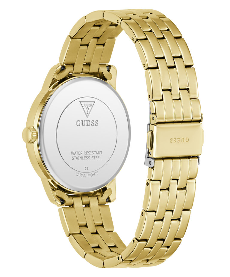 Gold watch with visible brand logo on a clear background