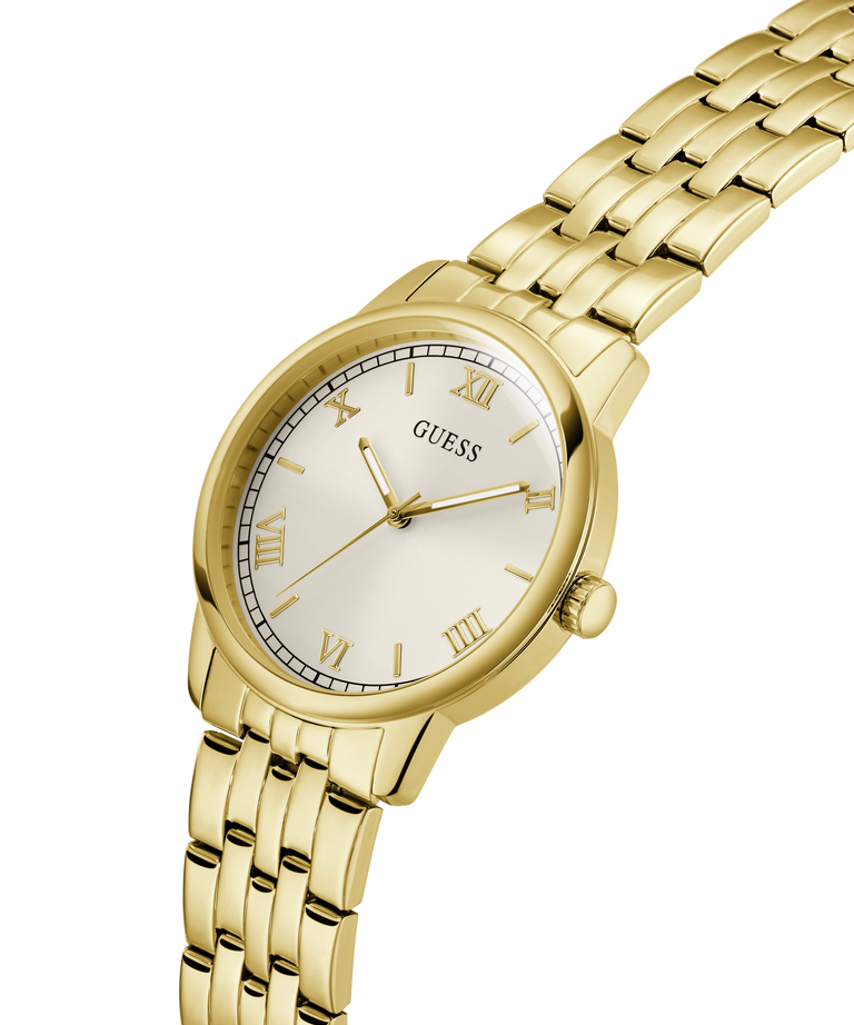 Gold watch with a white face and 'GUESS' branding on a transparent background lifestyle