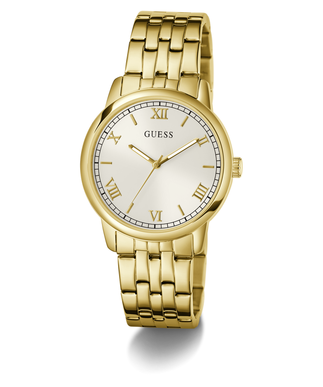 Gold watch with a white face and Roman numerals on a transparent background