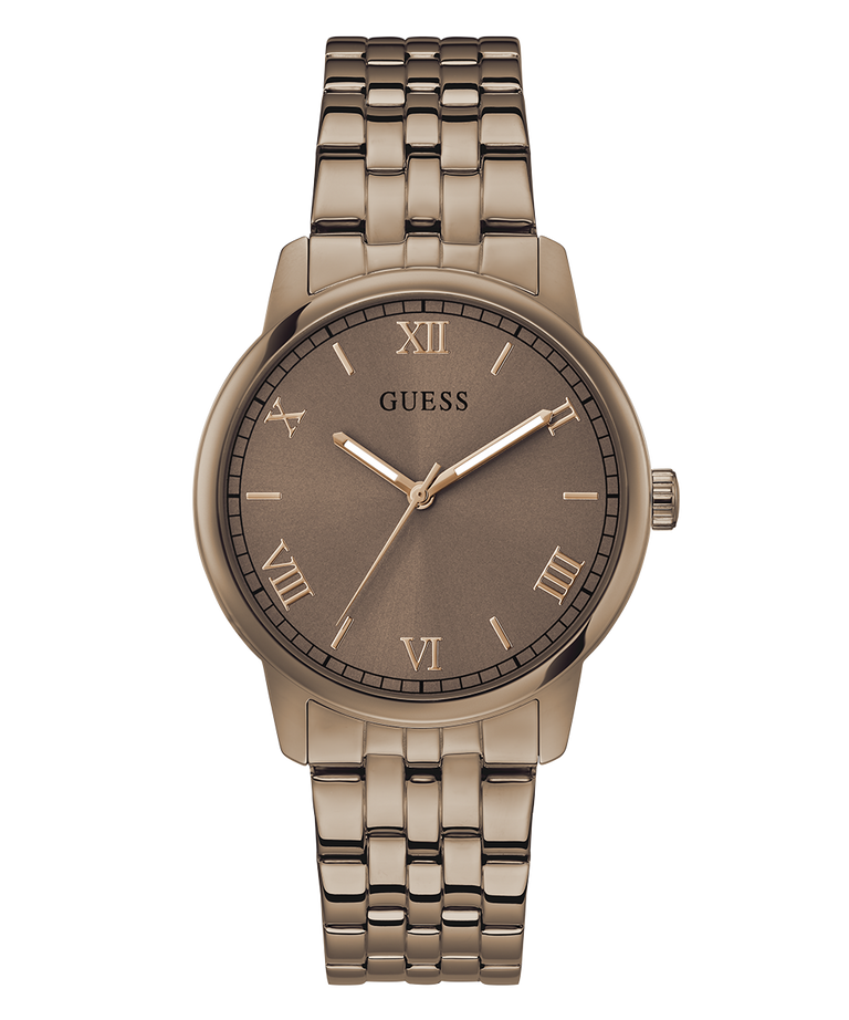 GUESS Mens Coffee Analog Watch with brown dial and metal bracelet on a white background