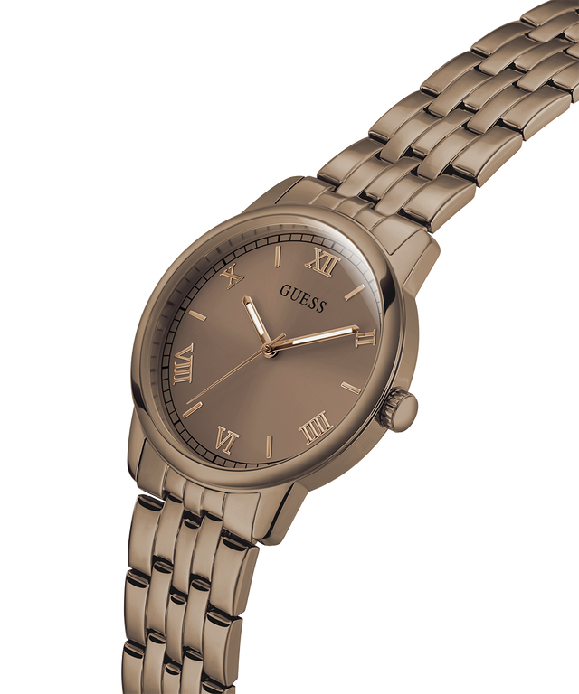 Guess watch with brown metal strap and face on a white background lifestyle