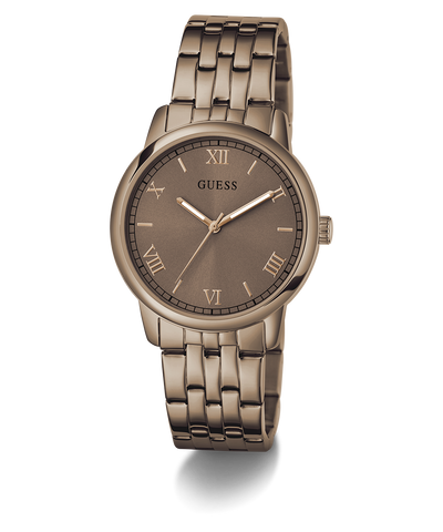 Guess GUESS Mens Coffee Analog Watch with brown metal band and face on a white background