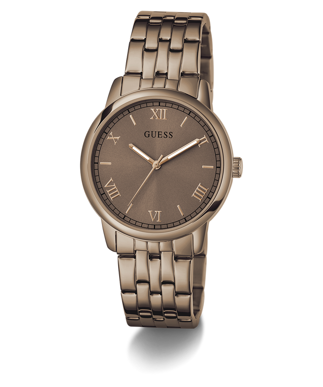 Guess GUESS Mens Coffee Analog Watch with brown metal band and face on a white background