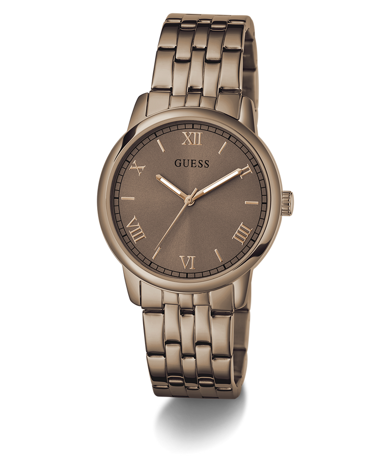 Guess GUESS Mens Coffee Analog Watch with brown metal band and face on a white background