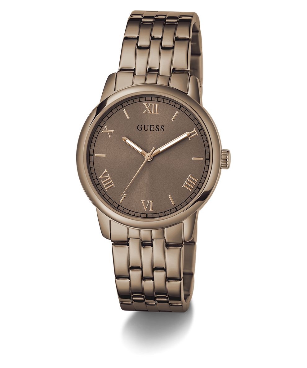 Guess GUESS Mens Coffee Analog Watch with brown metal band and face on a white background